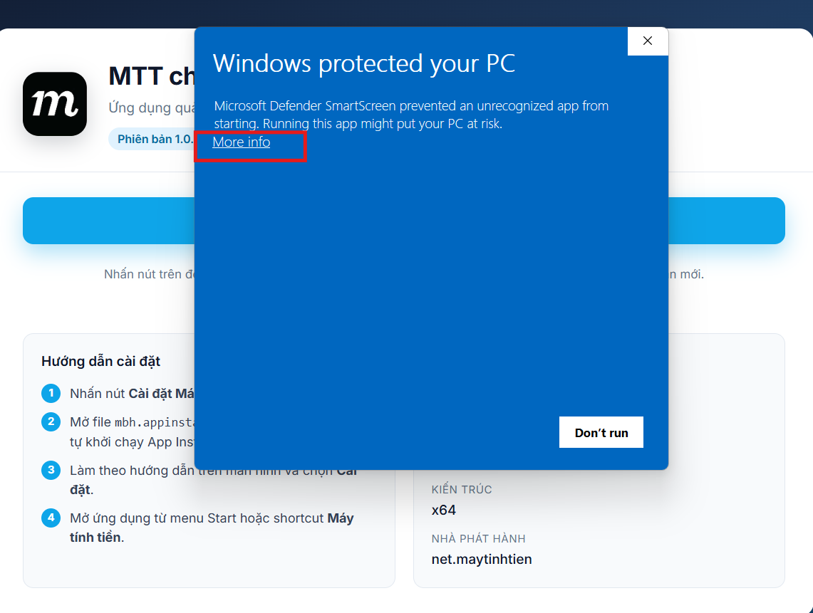 Minh họa bước 3 mở thêm thông tin trên Windows SmartScreen